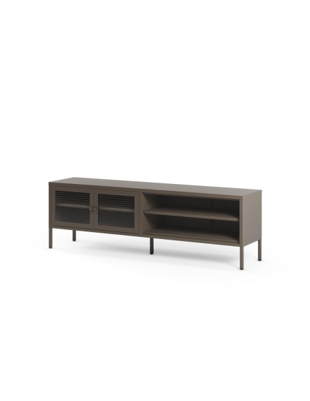 Móvel de TV minimalista LAYNA em metal, cor mocha, 160 cm, com 2 portas de vidro e 2 prateleiras abertas