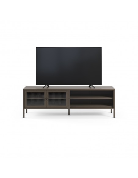 Móvel de TV minimalista LAYNA em metal, cor mocha, 160 cm, com 2 portas de vidro e 2 prateleiras abertas