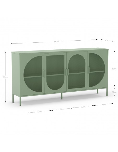 Aparador minimalista TAYRA em metal,verde, 160 cm, com 4 portas