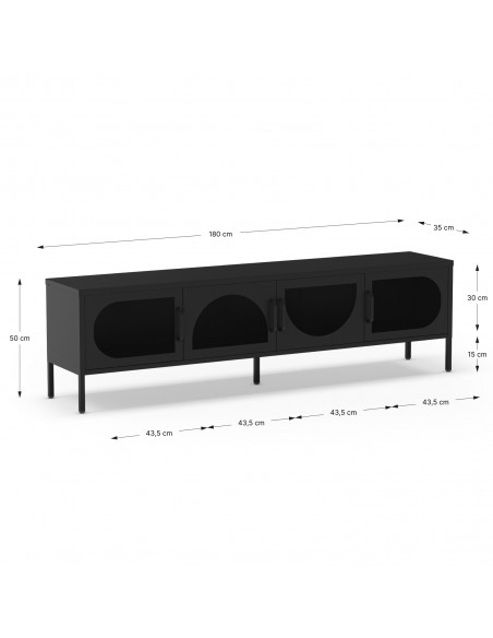 Móvel de TV minimalista TAYRA em metal, cor preto, 180 cm, com 4 portas.