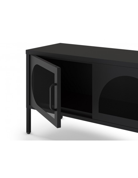 Móvel de TV minimalista TAYRA em metal, cor preto, 180 cm, com 4 portas.