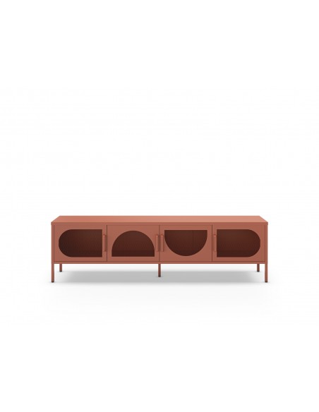 Móvel de TV minimalista TAYRA em metal, cor terracota, 180 cm, com 4 portas.