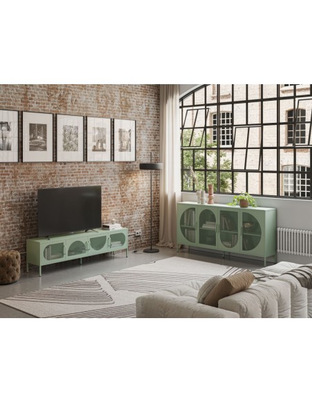 Mueble de TV metálico minimalista TAYRA verde 180 cm con 4 puertas