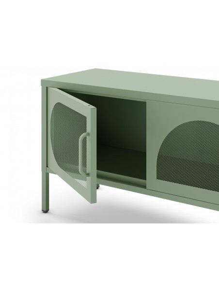 Móvel de TV minimalista TAYRA em metal, cor verde, 180 cm, com 4 portas.