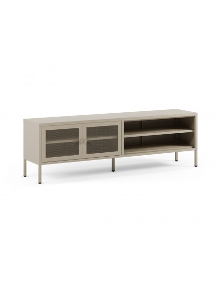 Mueble de TV metálico minimalista FAYNA en arena, 160 cm con 2 puertas y 2 huecos
