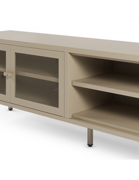Mueble de TV metálico minimalista FAYNA en arena, 160 cm con 2 puertas y 2 huecos