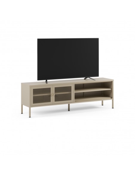 Mueble de TV metálico minimalista FAYNA en arena, 160 cm con 2 puertas y 2 huecos