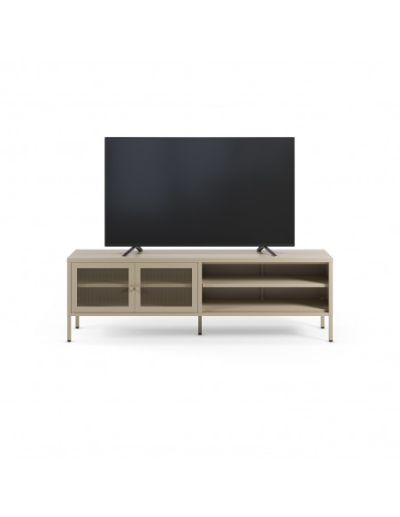 Móvel de TV minimalista FAYNA em metal na cor areia, 160 cm com 2 portas e 2 prateleiras abertas.