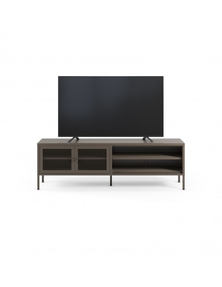 Móvel de TV minimalista FAYNA em metal na cor Mocha, 160 cm com 2 portas e 2 prateleiras abertas.