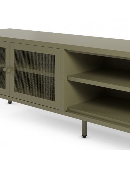 Móvel de TV minimalista FAYNA em metal na cor verde, 160 cm com 2 portas e 2 prateleiras abertas.