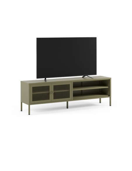 Móvel de TV minimalista FAYNA em metal na cor verde, 160 cm com 2 portas e 2 prateleiras abertas.