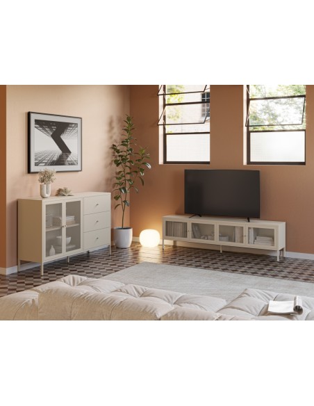 Móvel de TV minimalista FAYNA em metal na cor areia, 160 cm com 4 portas