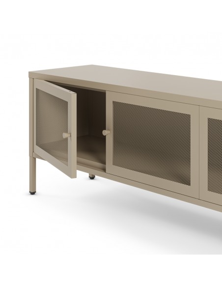Móvel de TV minimalista FAYNA em metal na cor areia, 160 cm com 4 portas