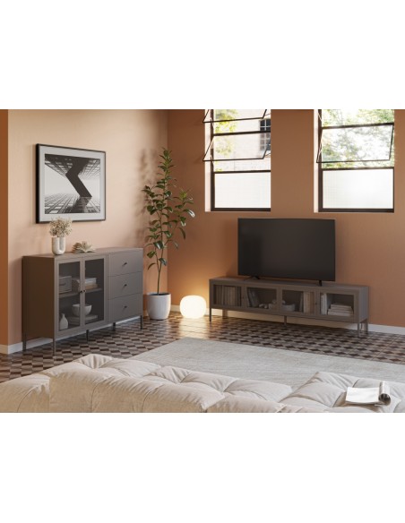 Móvel de TV minimalista FAYNA em metal na cor Mocha, 160 cm com 4 portas