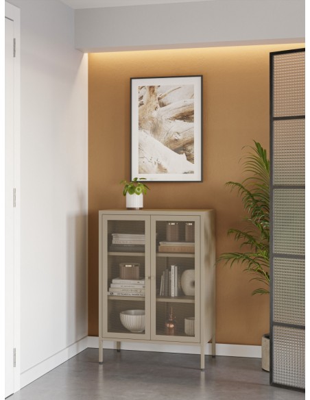 Móvel auxiliar minimalista FAYNA em metal, cor arena, 70x100 cm, com 2 portas