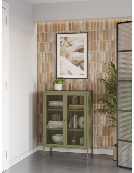 Móvel auxiliar minimalista FAYNA em metal, cor verde, 70x100 cm, com 2 portas