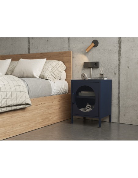 Mesa de cabeceira em metal azul DIORA 40x60 com 1 porta reversível