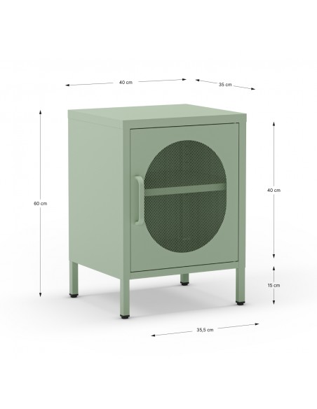 Mesita de noche metálica verde minimalista DIORA 40x60, 1 puerta reversible