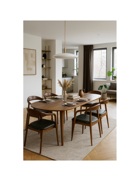 Silla con brazos NINA, madera color nogal y similpiel negro.