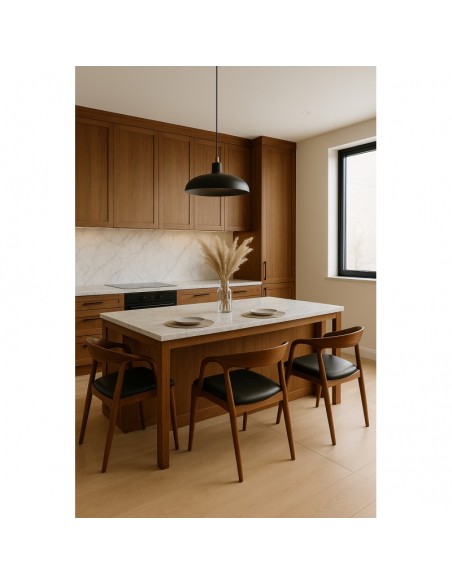 Silla con brazos NINA, madera color nogal y similpiel negro.