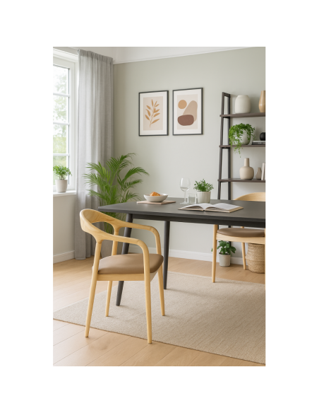 Silla con brazos NINA, madera de haya y similpiel marrón.