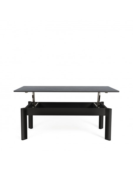 Mesa de centro ROLAND com tampo elevatório, porcelânico cinza e metal preto