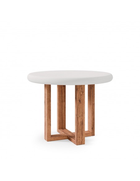 Mesa redonda VIOLETTE 100 cm, fibrocemento blanco y madera de hevea