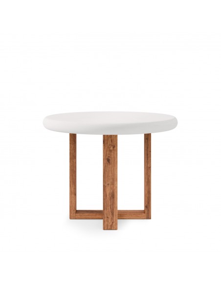 Mesa redonda VIOLETTE 100 cm, fibrocemento blanco y madera de hevea