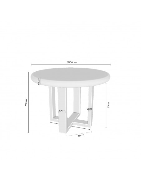 Mesa redonda VIOLETTE de 100 cm, em fibrocimento branco e madeira de seringueira.