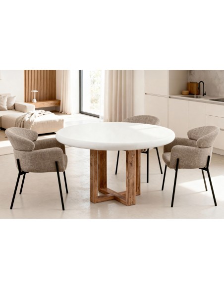 Mesa redonda VIOLETTE de 100 cm, em fibrocimento branco e madeira de seringueira.