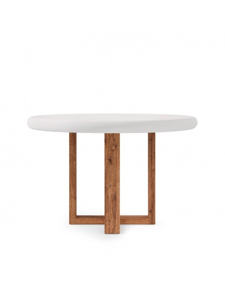 Mesa redonda VIOLETTE de 120 cm, em fibrocimento branco com base em madeira.