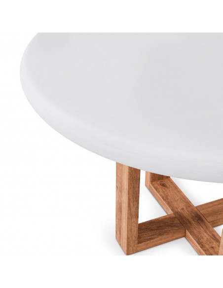 Mesa redonda VIOLETTE de 120 cm, em fibrocimento branco com base em madeira.