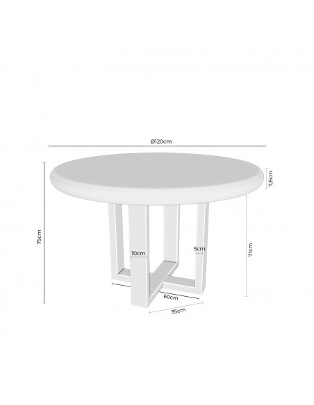 Mesa redonda VIOLETTE de 120 cm, em fibrocimento branco com base em madeira.