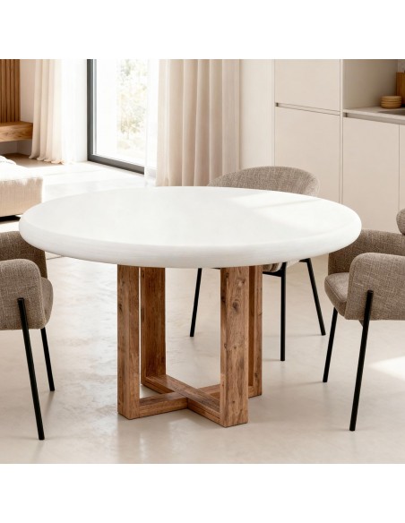 Mesa redonda VIOLETTE 120 cm, fibrocemento blanco y base de madera