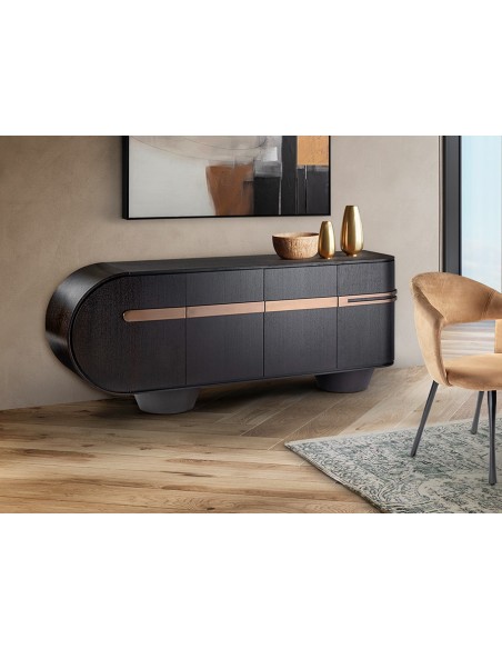 Aparador diseño italiano 4 puertas LUCA 200 x 46 roble oscuro y oro rosa