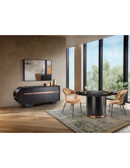 Aparador diseño italiano 4 puertas LUCA 200 x 46 roble oscuro y oro rosa