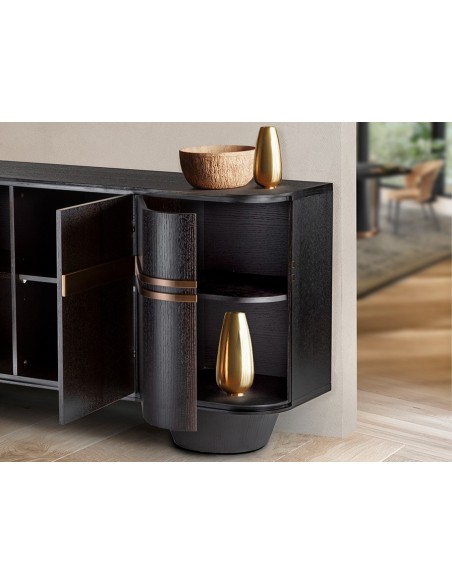 Aparador de design italiano LUCA 200 x 46 com 4 portas, carvalho escuro e dourado rosê.