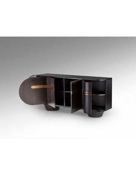 Aparador de design italiano LUCA 200 x 46 com 4 portas, carvalho escuro e dourado rosê.