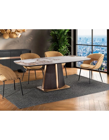 Mesa de diseño italiano LUCA 200x100, porcelánico, roble oscuro y oro rosa