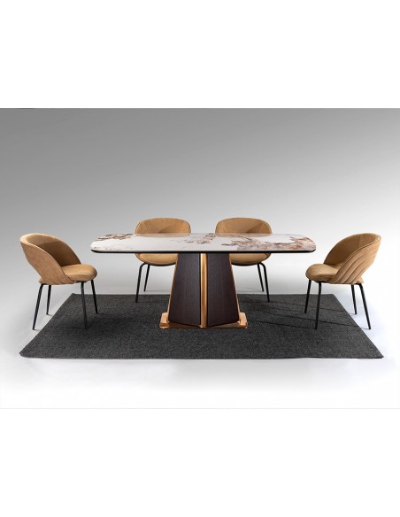 Mesa de design italiano LUCA 200x100, porcelânico, carvalho escuro e ouro rosa.