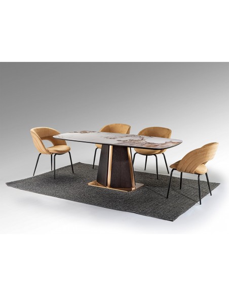 Mesa de design italiano LUCA 200x100, porcelânico, carvalho escuro e ouro rosa.