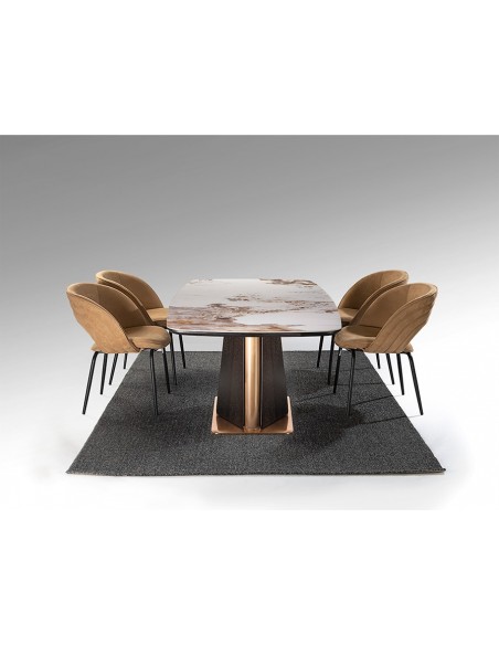 Mesa de diseño italiano LUCA 200x100, porcelánico, roble oscuro y oro rosa