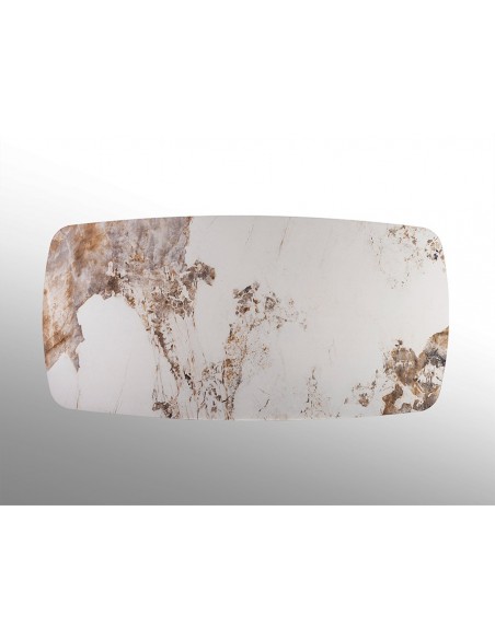 Mesa de design italiano LUCA 200x100, porcelânico, carvalho escuro e ouro rosa.