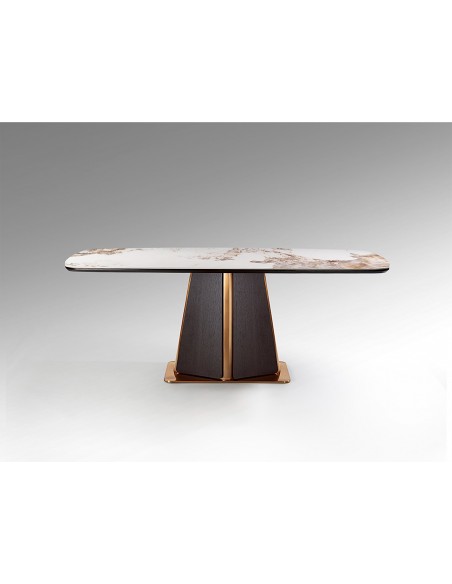 Mesa de diseño italiano LUCA 200x100, porcelánico, roble oscuro y oro rosa