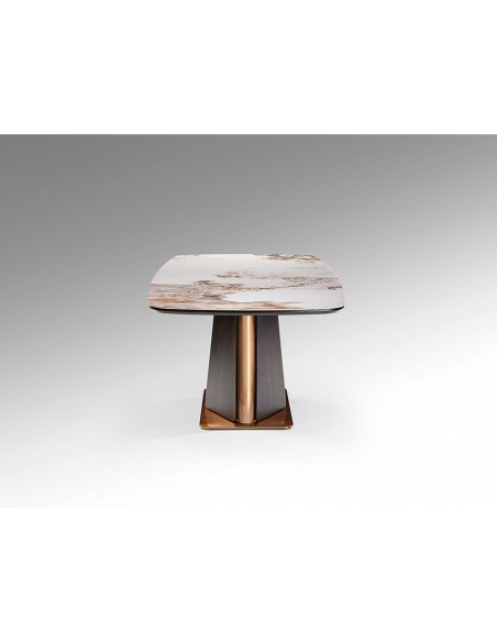 Mesa de diseño italiano LUCA 200x100, porcelánico, roble oscuro y oro rosa