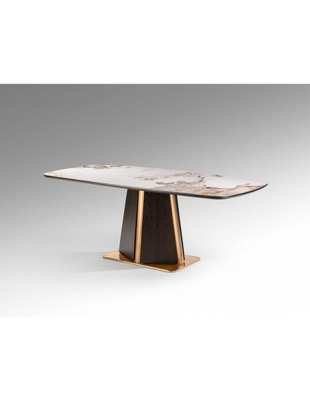 Mesa de design italiano LUCA 200x100, porcelânico, carvalho escuro e ouro rosa.