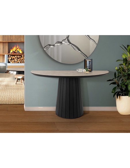 Consola recibidor de diseño KORIA 130 x 42 tapa símil piedra y base negro