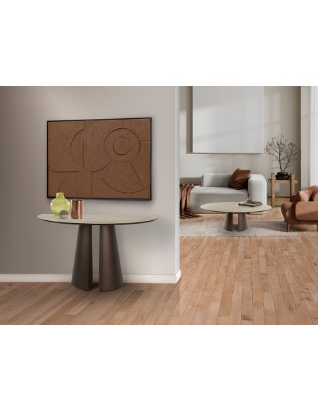 Console de design SAMARA 130, acabamento travertino e castanho ferrugem.