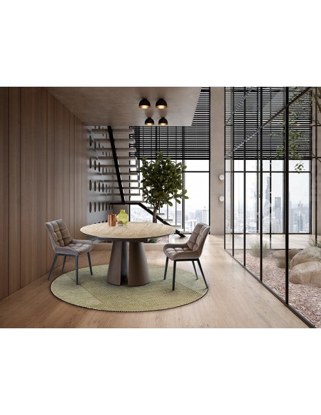 Mesa redonda de design SAMARA 138, símil travertino e castanho ferrugem.