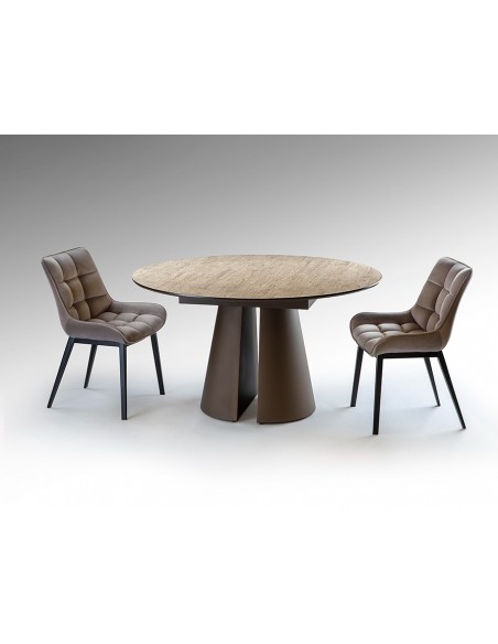 Mesa redonda de design SAMARA 138, símil travertino e castanho ferrugem.